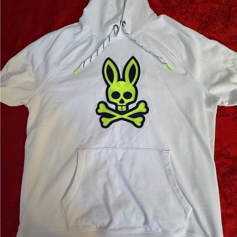White Psycho Bunny Hoodie with Neon Green Bunny Skull Emblem